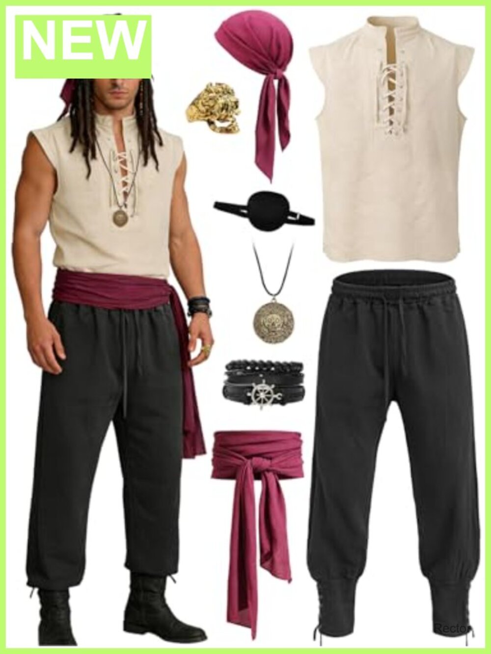 Men's Pirate Costume 8PCS Renaissance Sleeveless Shirt Pants Accessories